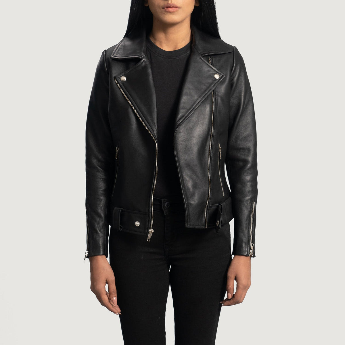 Black leather jacket with belt outlet