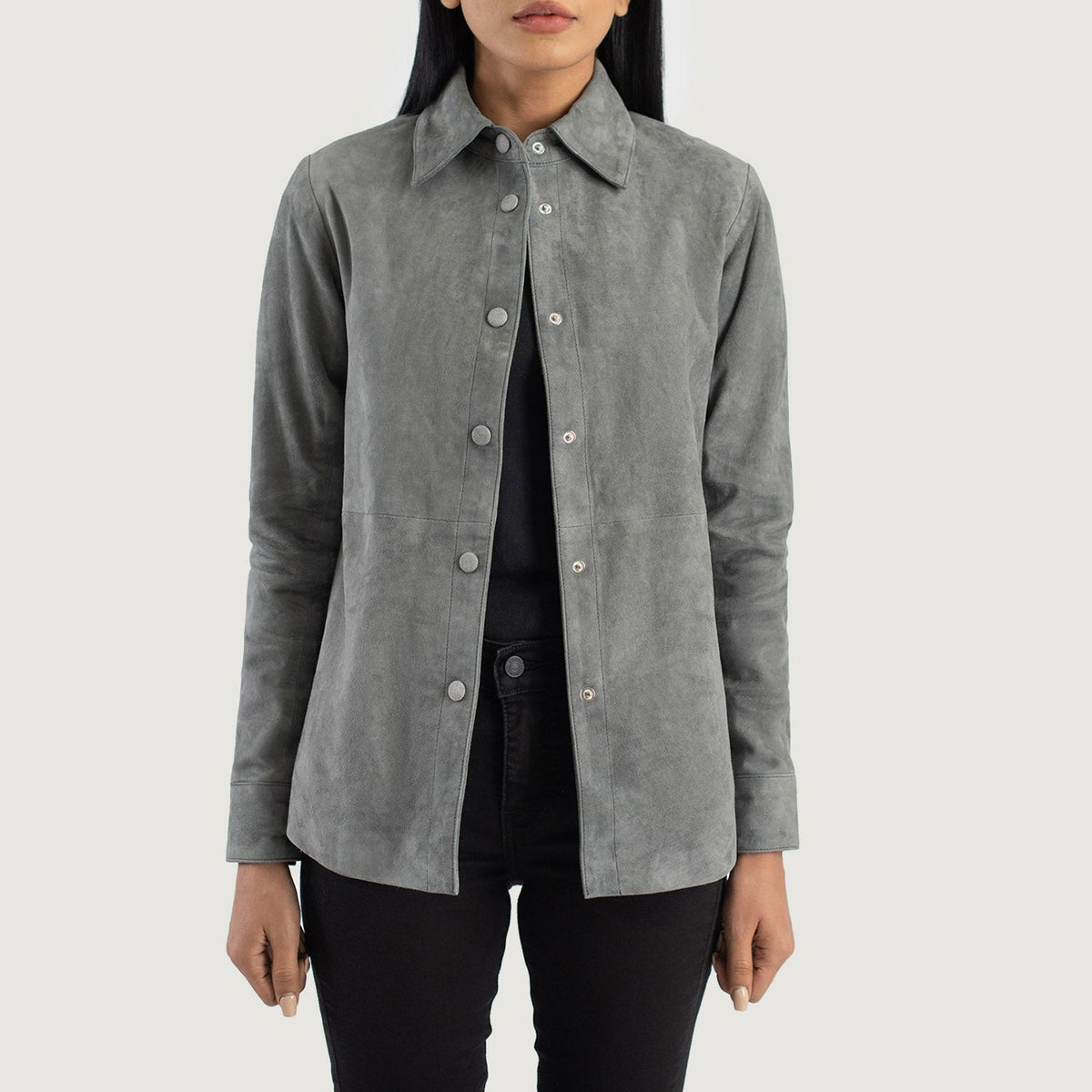 Women s Zenith Grey Suede Leather Shirt Jacket The Jacket Maker