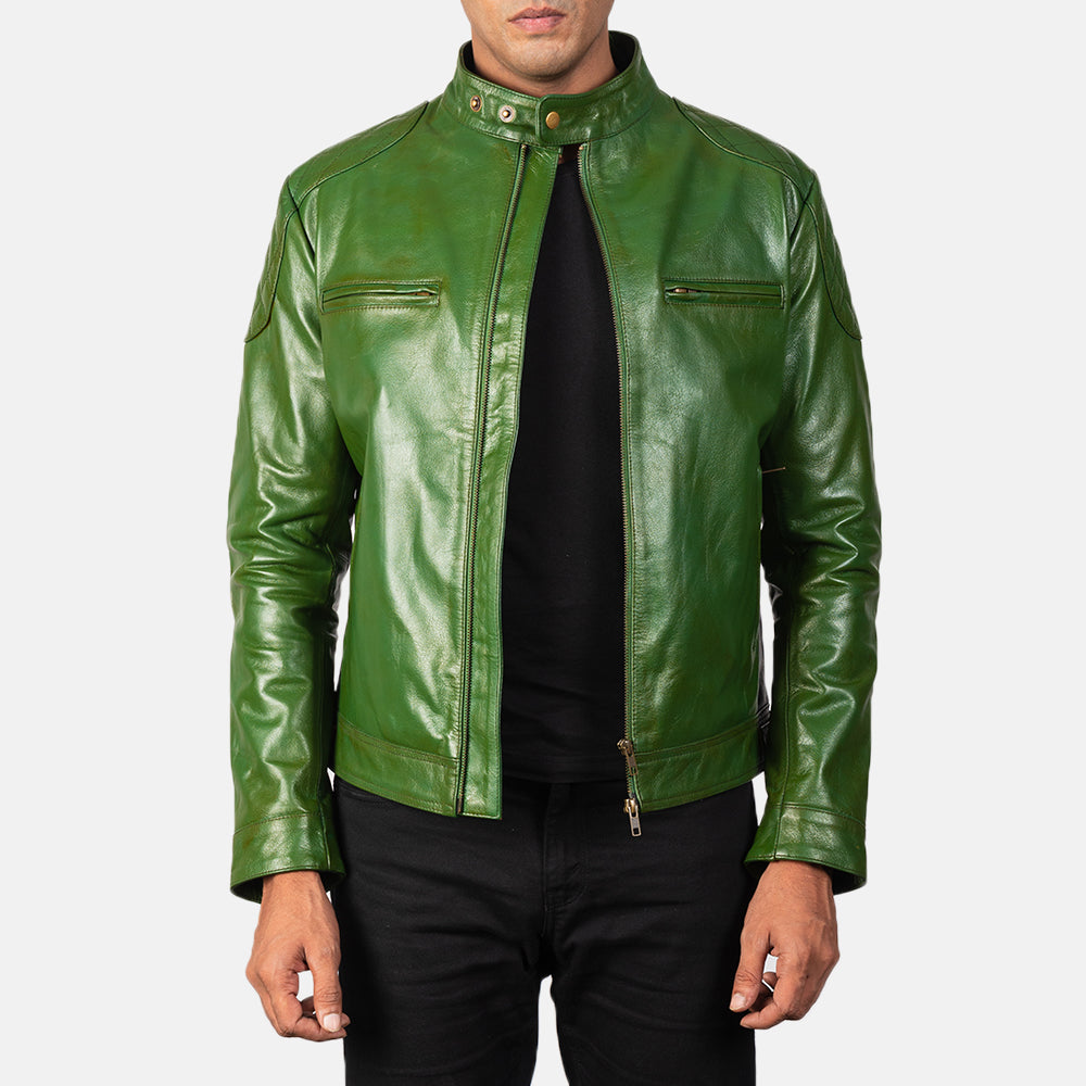 Men s Gatsby Green Leather Biker Jacket The Jacket Maker