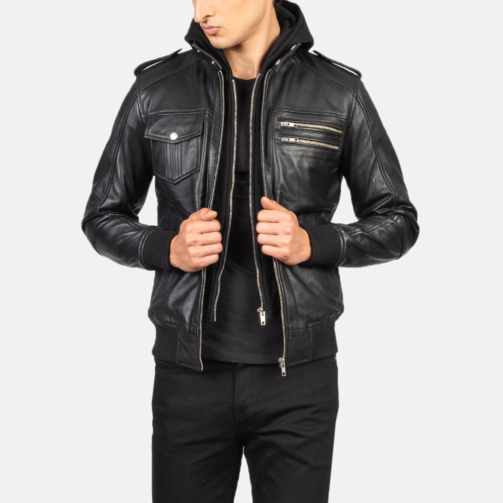 Men's Bravado Black Hooded Leather Bomber Jacket – The Jacket Maker