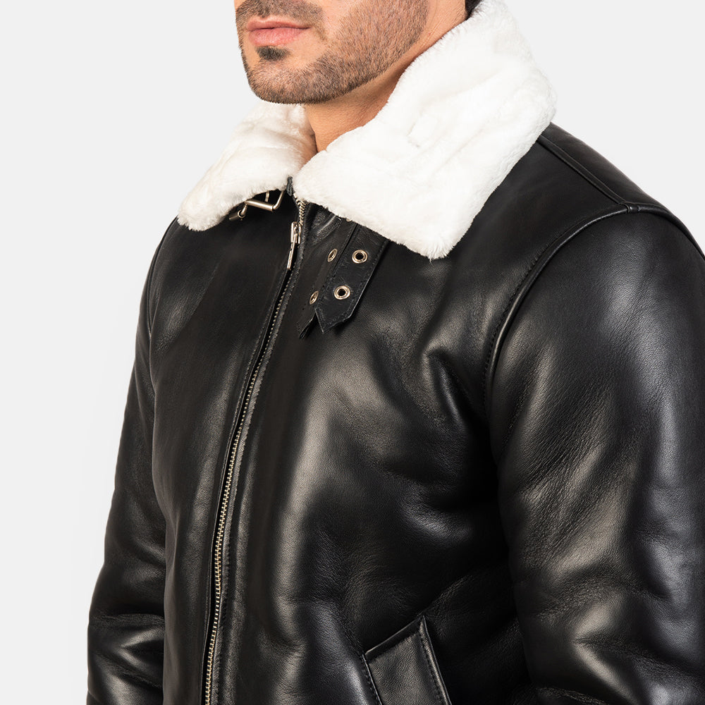 Black leather jacket with white fur collar 2025