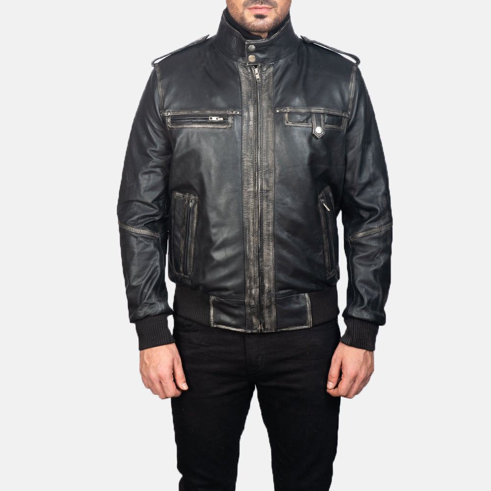 Black leather bomber best sale