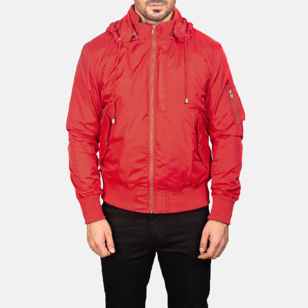 Red hooded bomber jacket sale