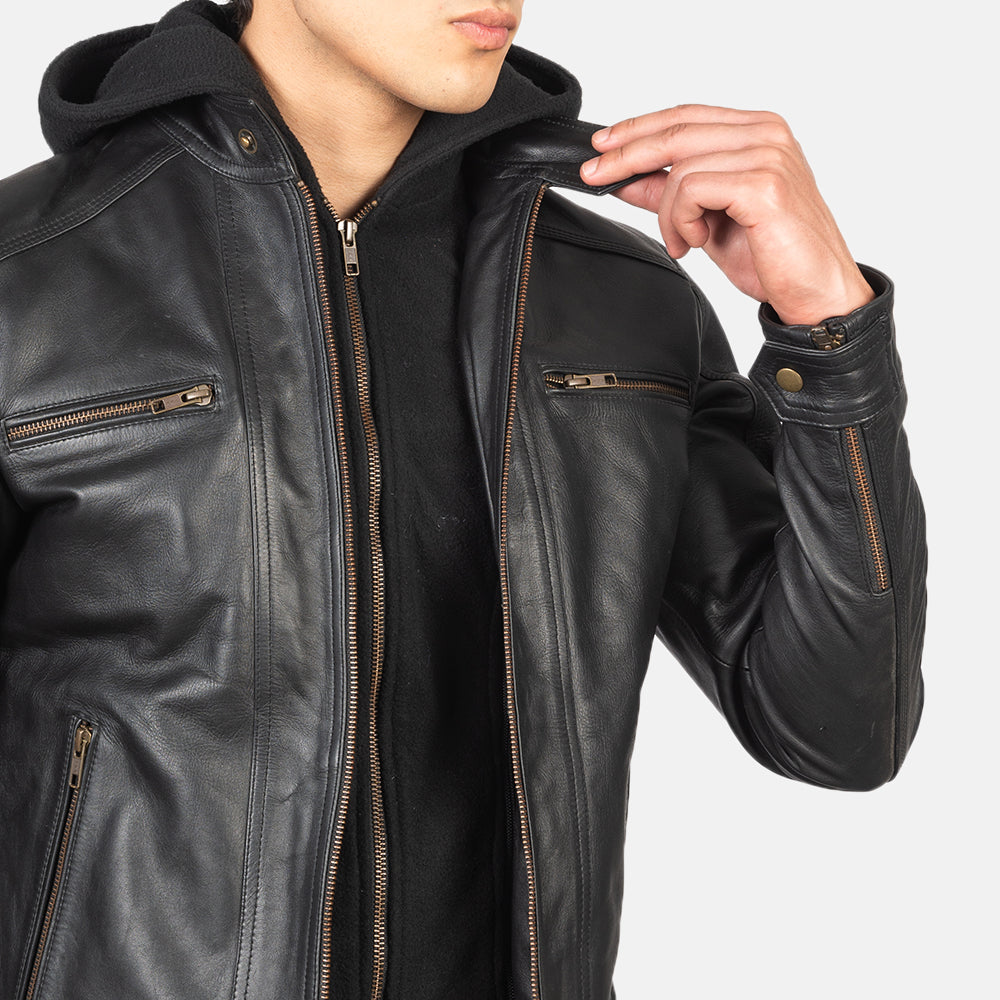 Black leather jacket with hood mens shop