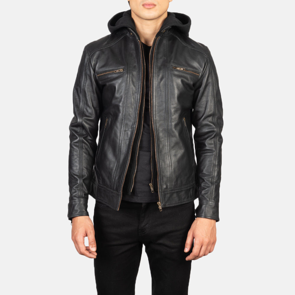 Black hooded faux leather biker jacket clearance