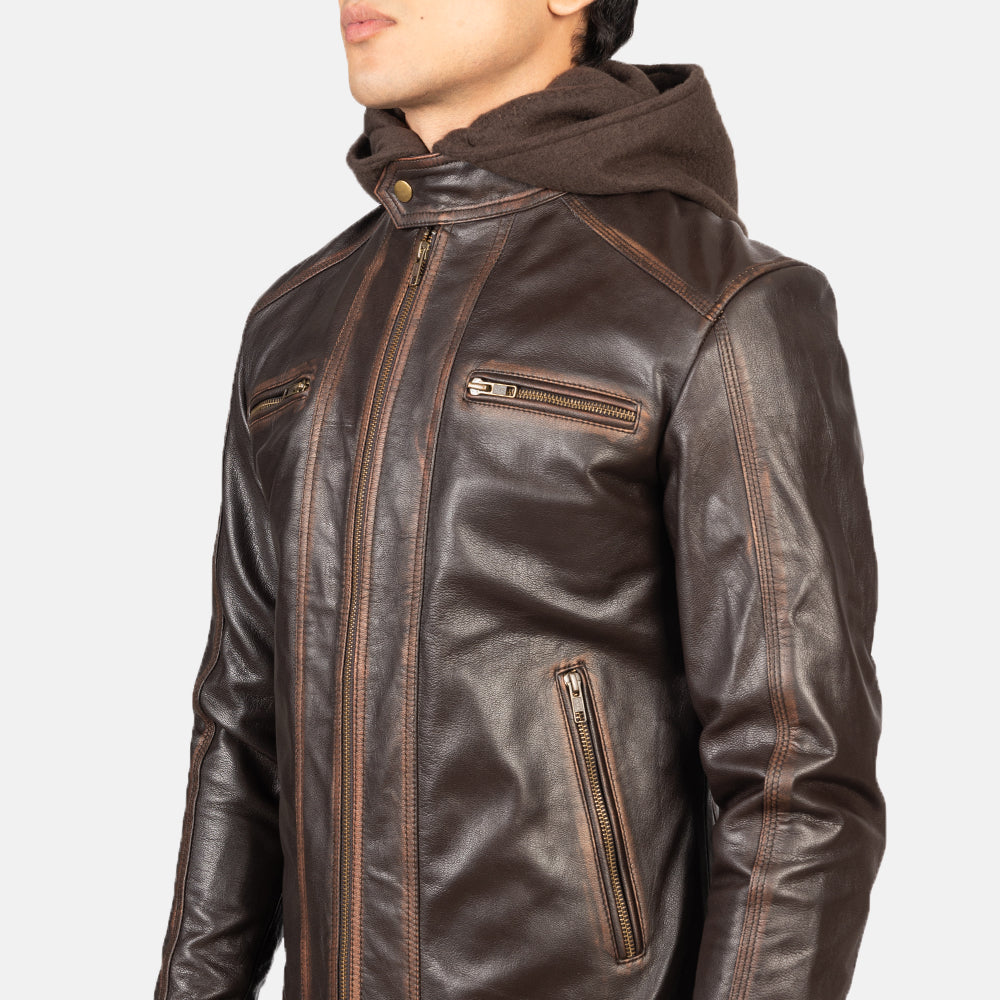 Men s Hector Vintage Brown Hooded Leather Biker Jacket The Jacket Maker