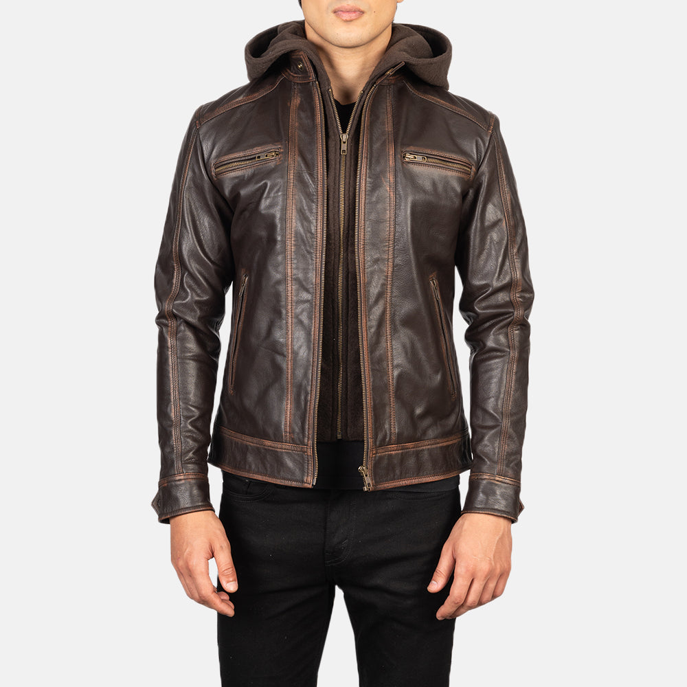 Men s Hector Vintage Brown Hooded Leather Biker Jacket The Jacket Maker