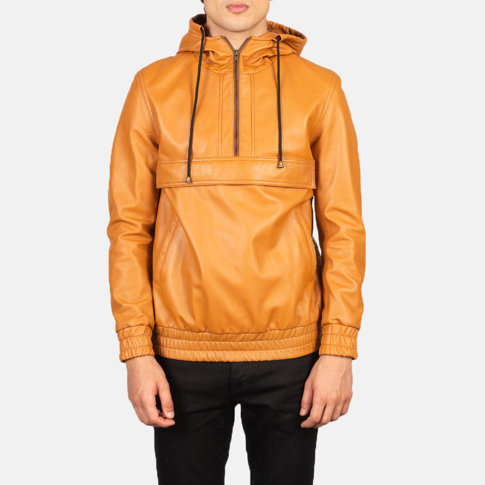 Men s Kenton Hooded Brown Leather Pullover Jacket The Jacket Maker