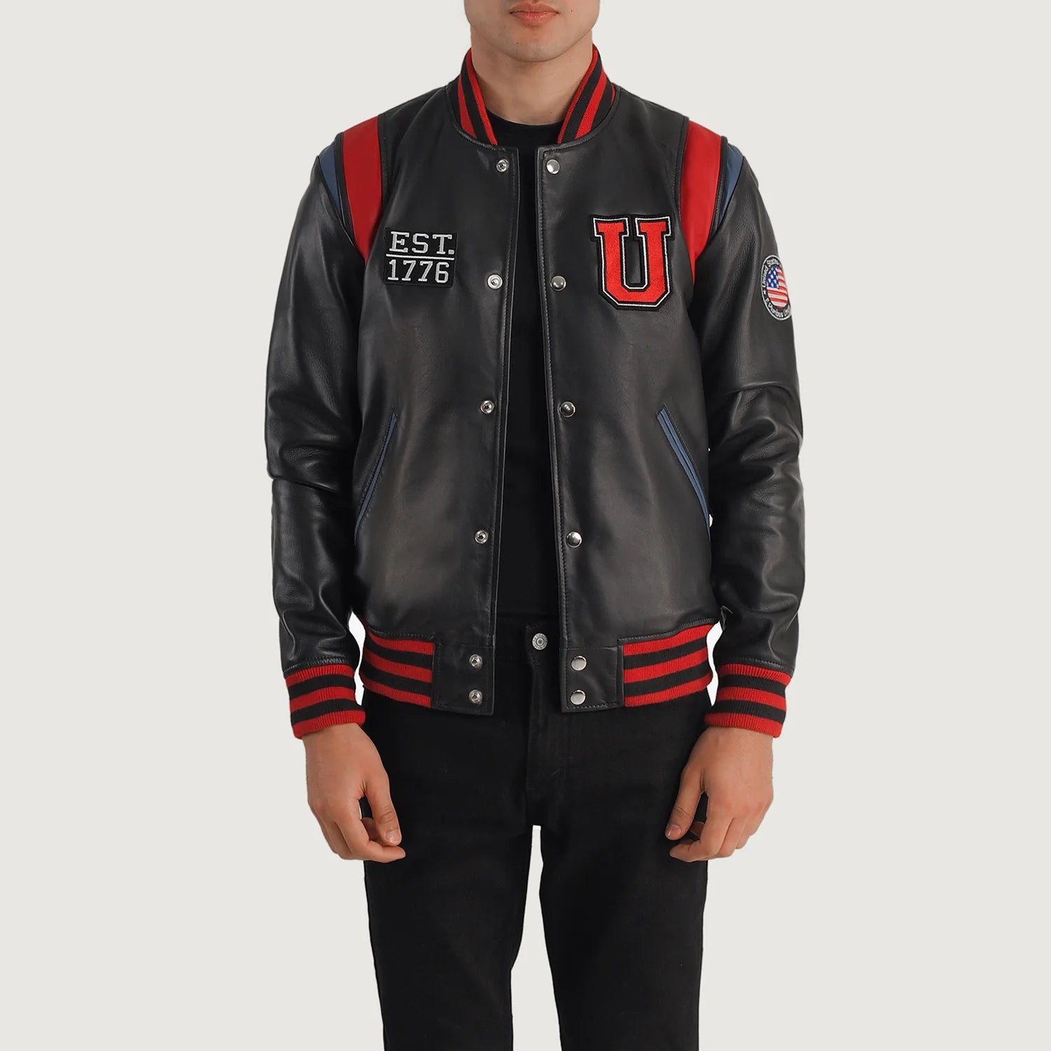 Liberte USA Black Leather Varsity Jacket For Men The Jacket Maker