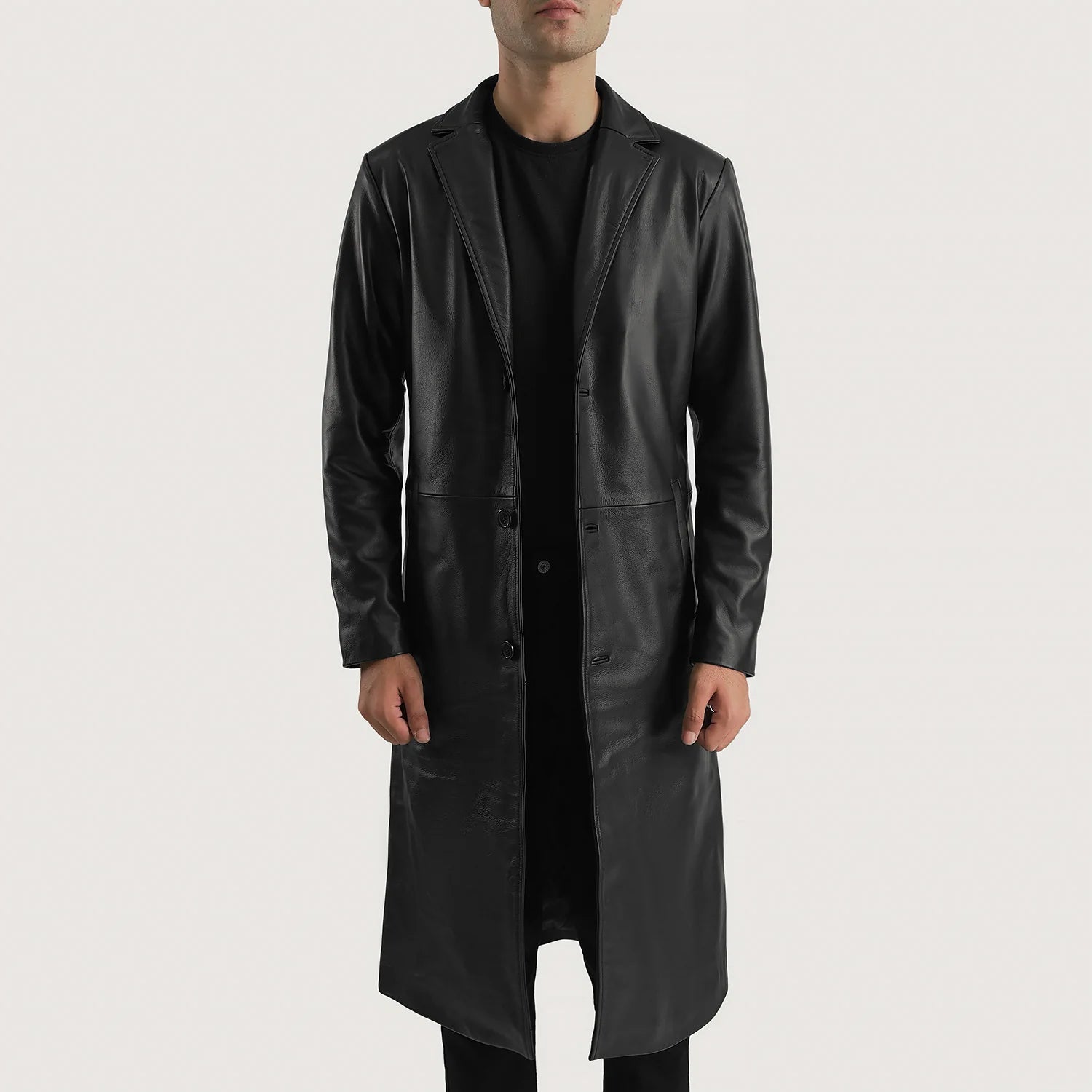 Black leather overcoat deals