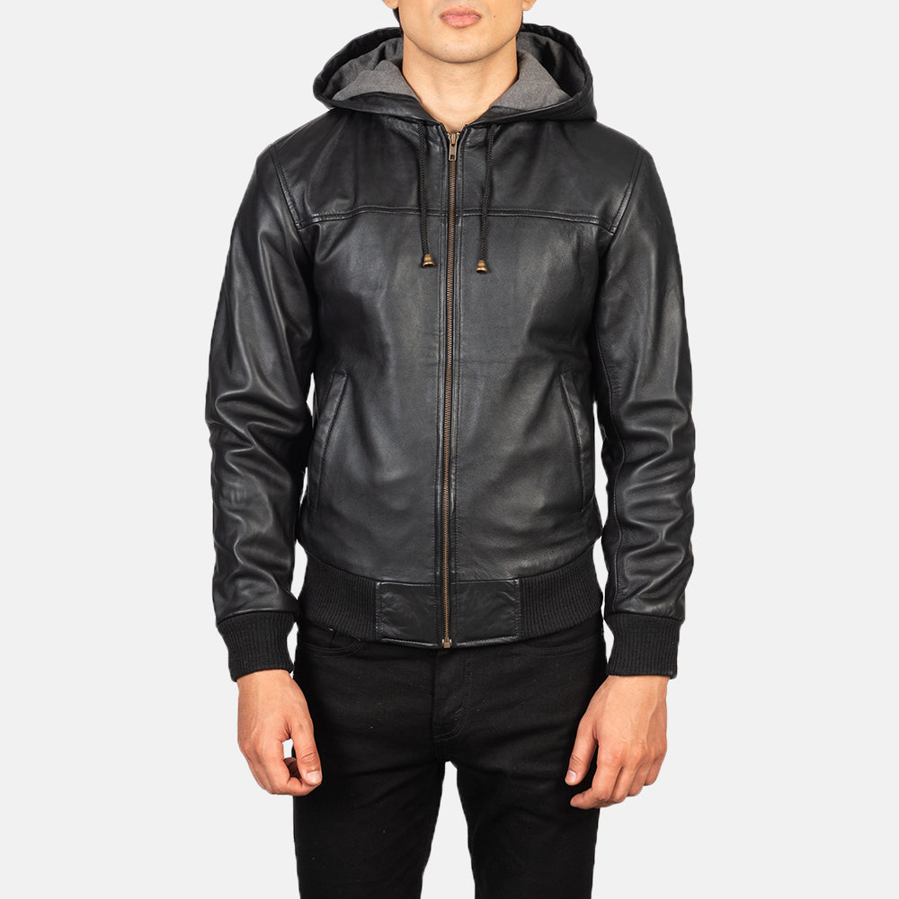 Men s Nintenzo Black Hooded Leather Bomber Jacket The Jacket Maker