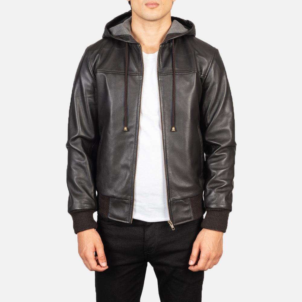 Men s Nintenzo Brown Hooded Leather Bomber Jacket The Jacket Maker