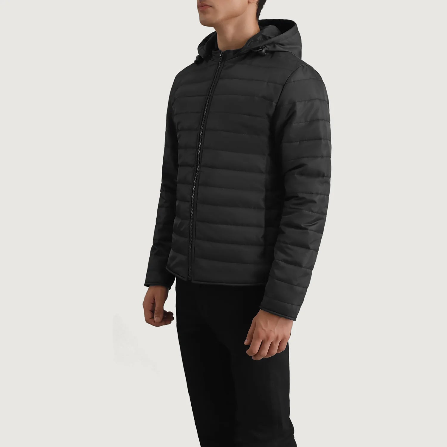 Black hooded puffer jacket with funnel neck hot sale