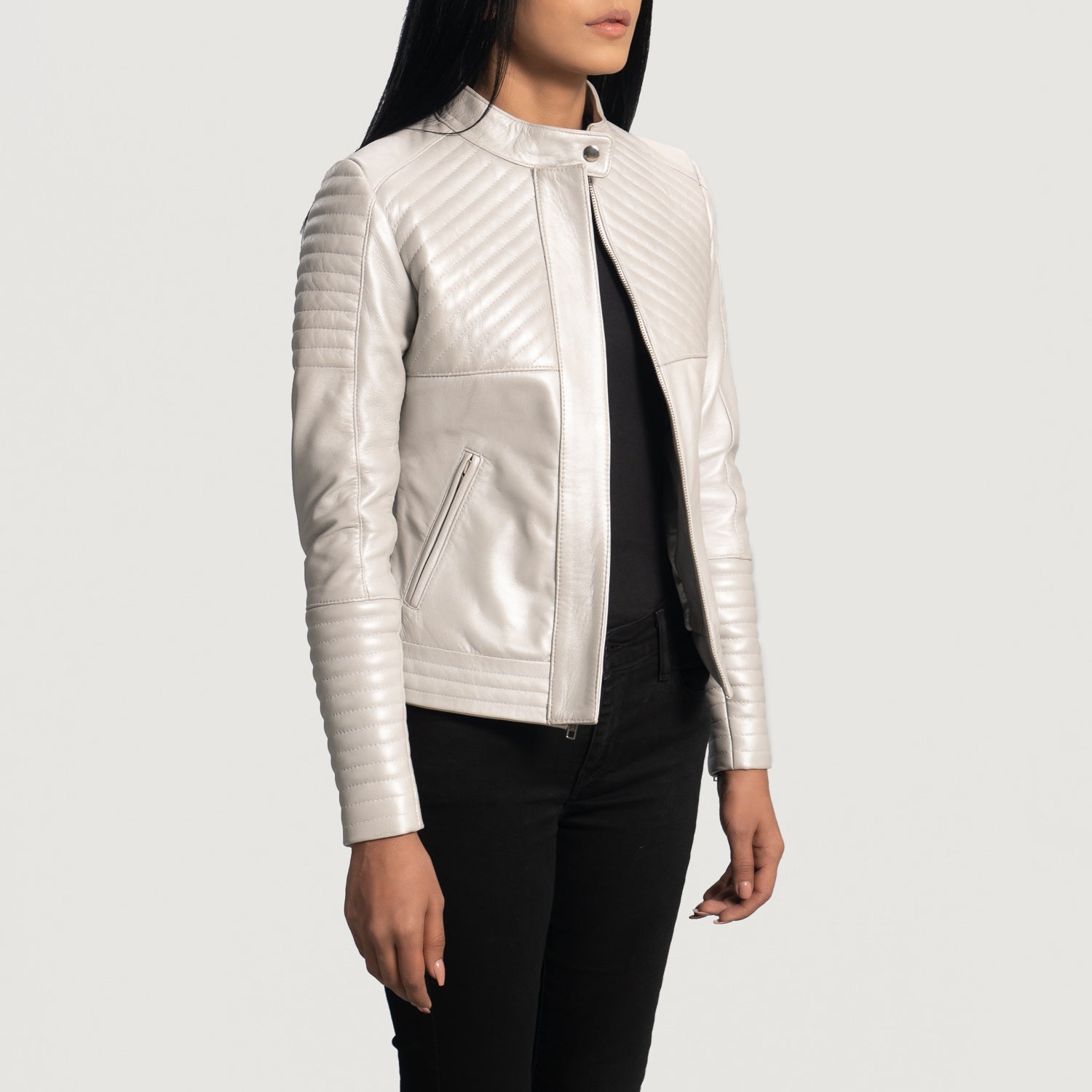 Women s Ice Maiden Silver Quilted Leather Biker Jacket The Jacket Maker