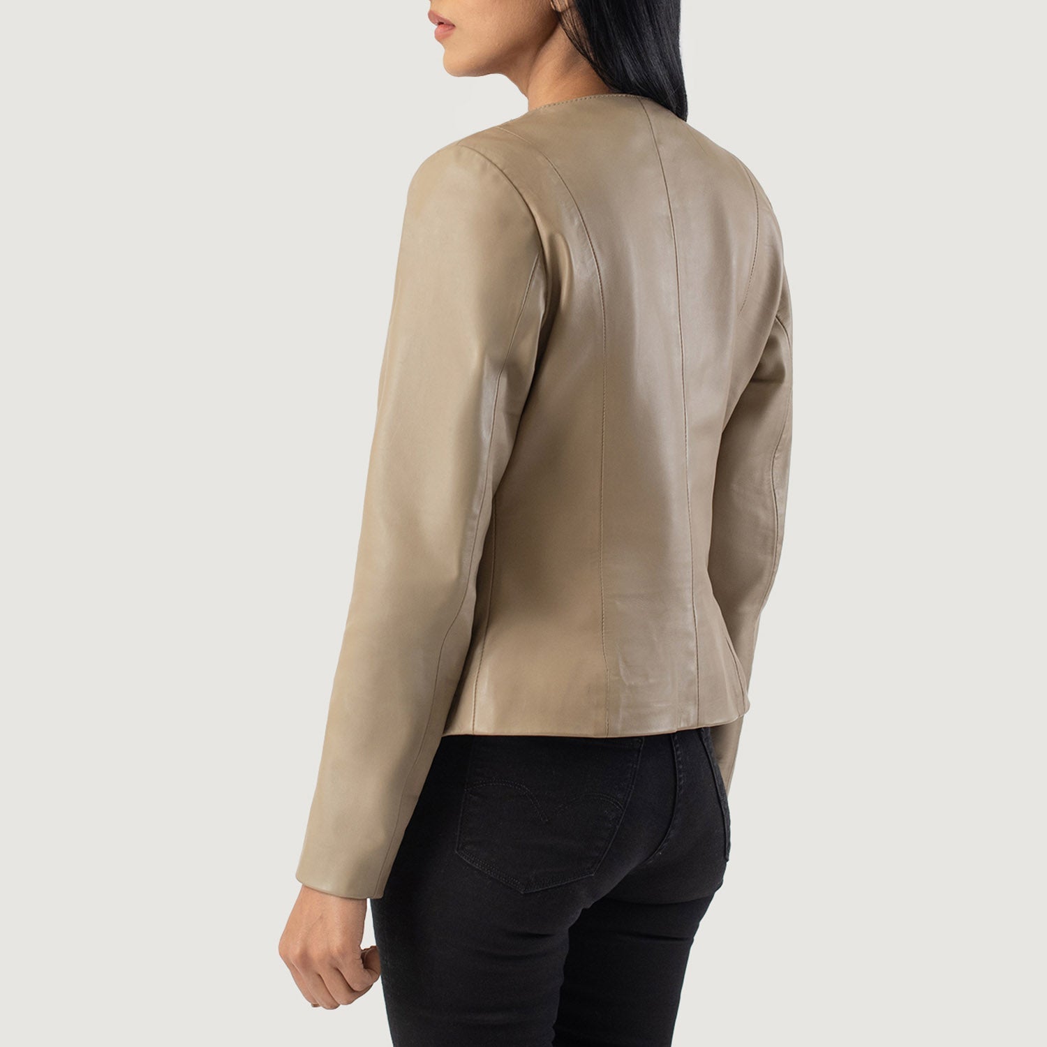 Women s Elixir Beige Collarless Leather Jacket The Jacket Maker