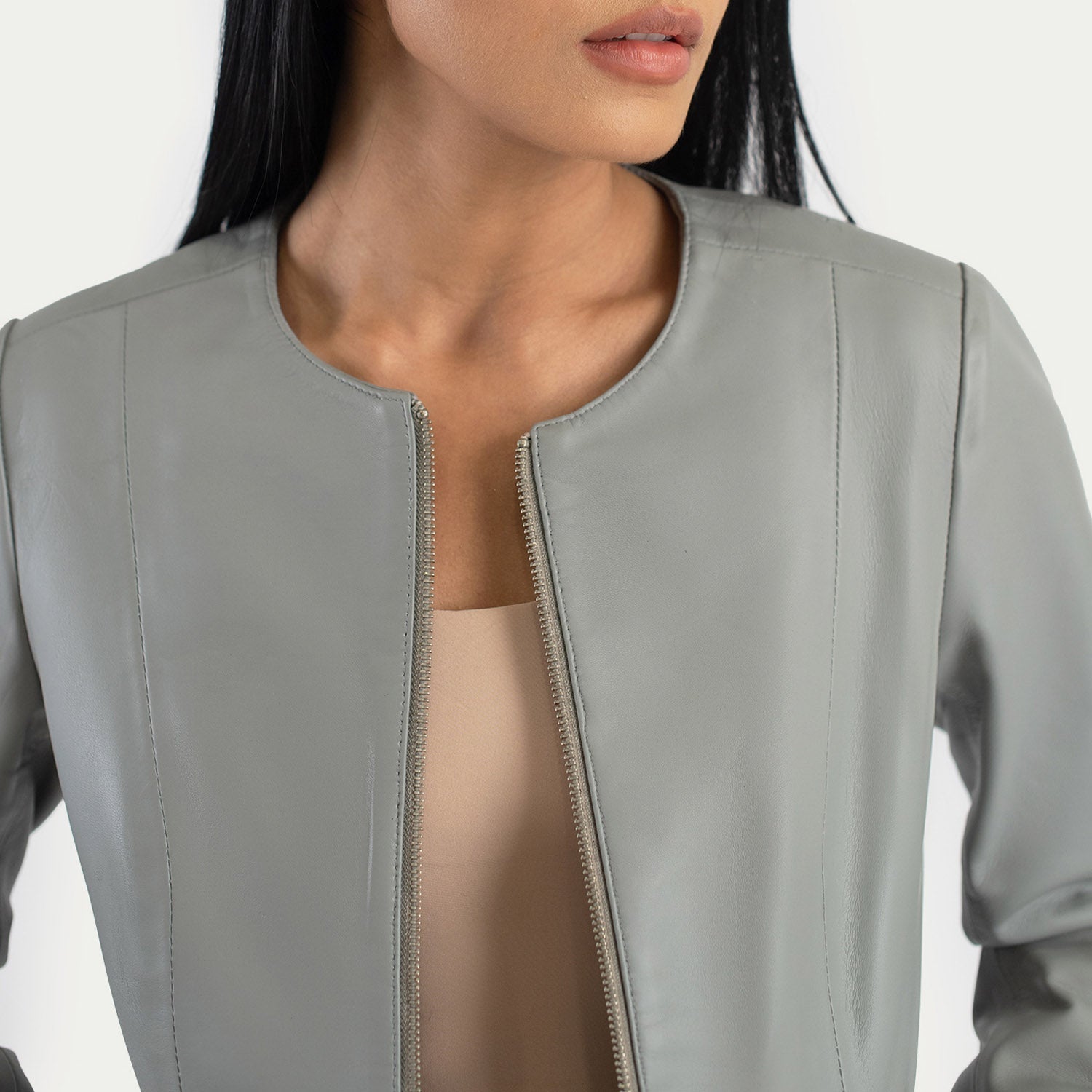 Women's gray leather jacket outlet