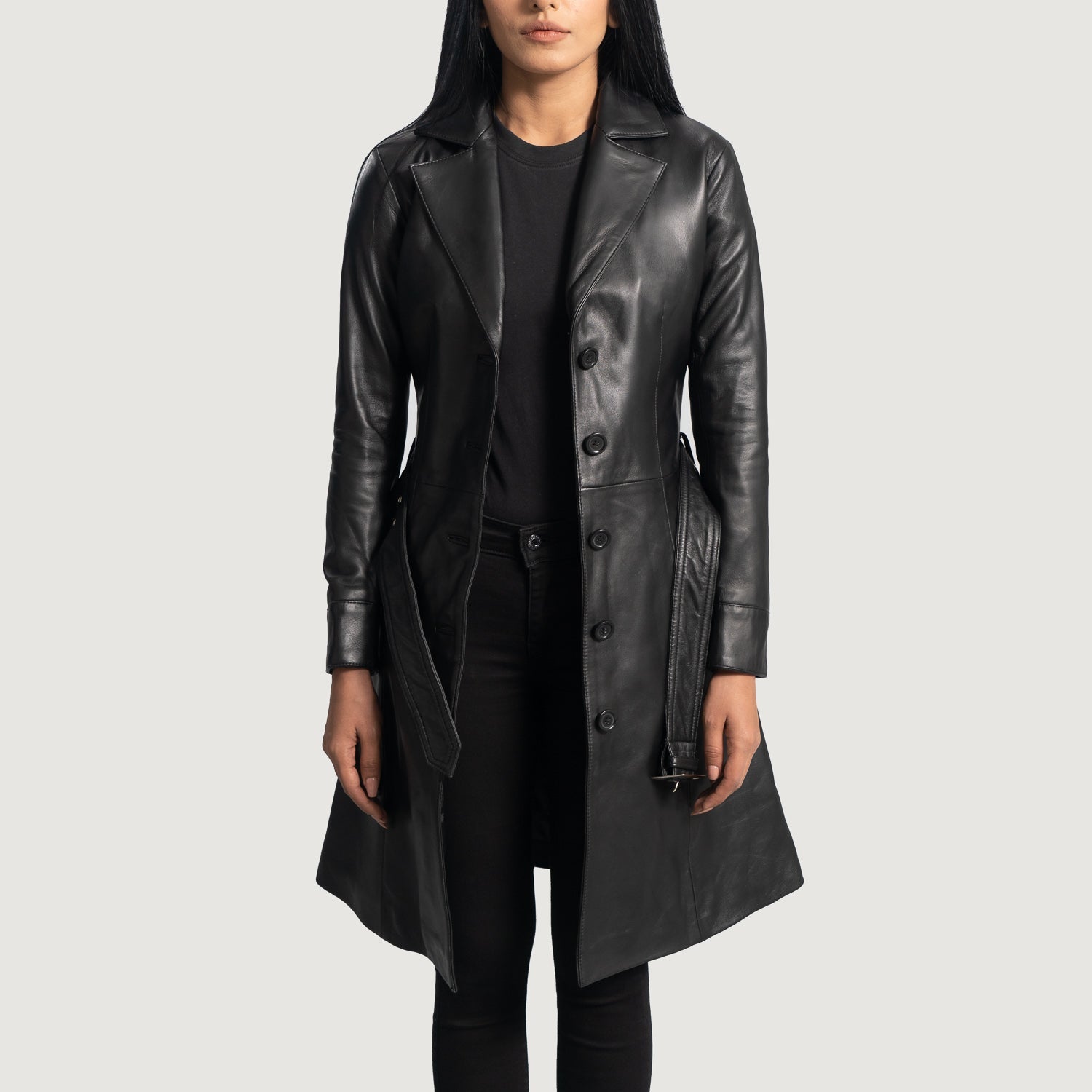 Black leather long coat shop