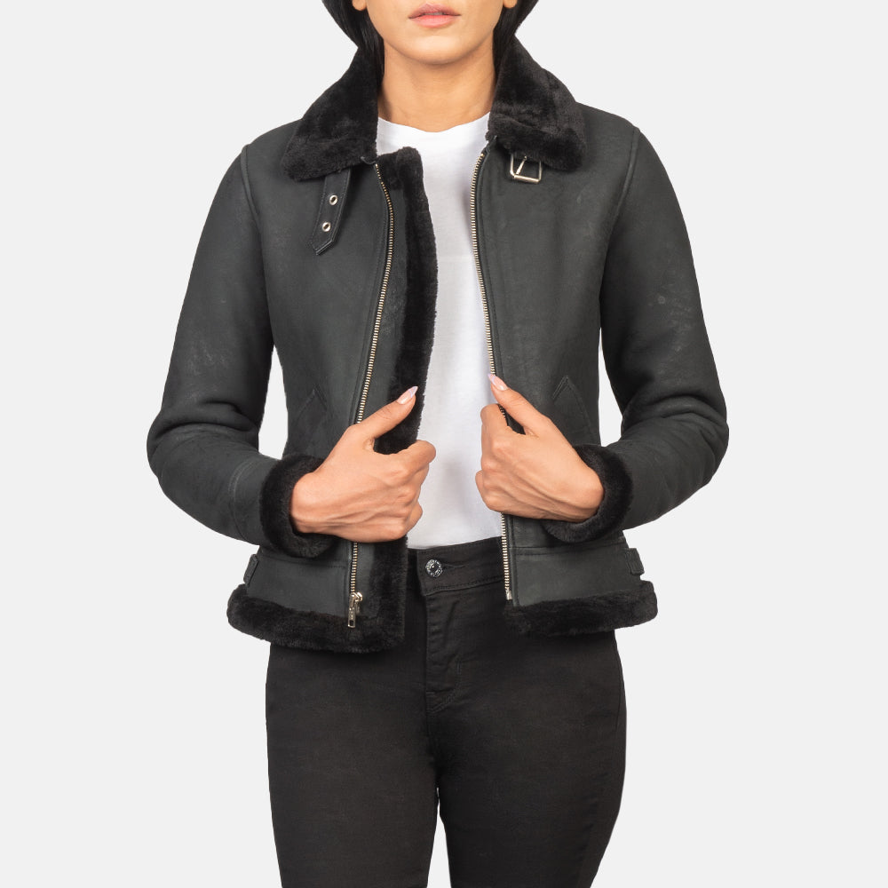 Sherilyn B 3 Distressed Black Leather Bomber Jacket