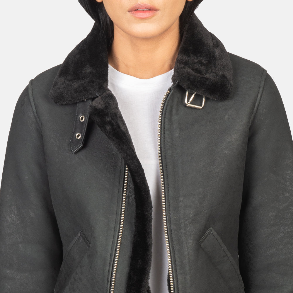 Sherilyn B 3 Distressed Black Leather Bomber Jacket
