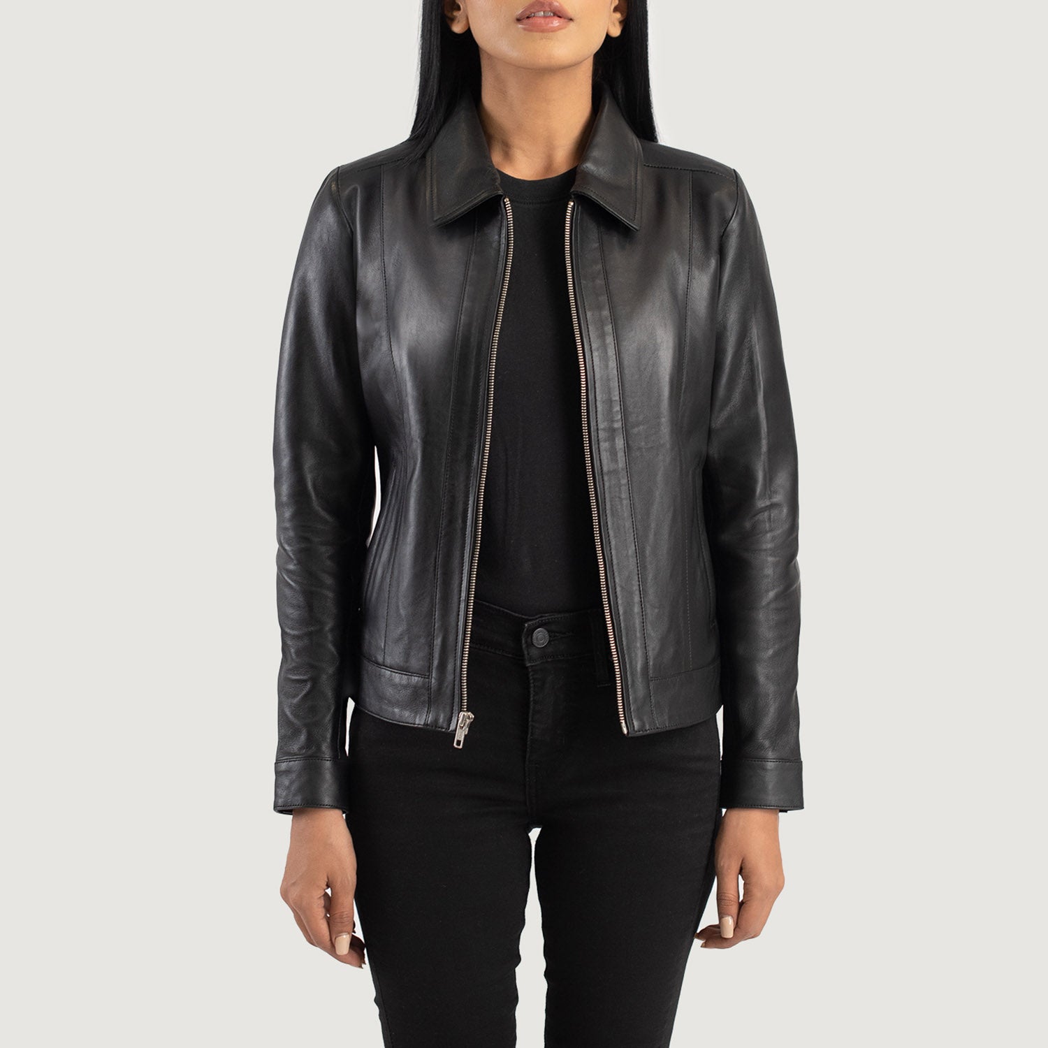 Womens leather jacket without collar cheap