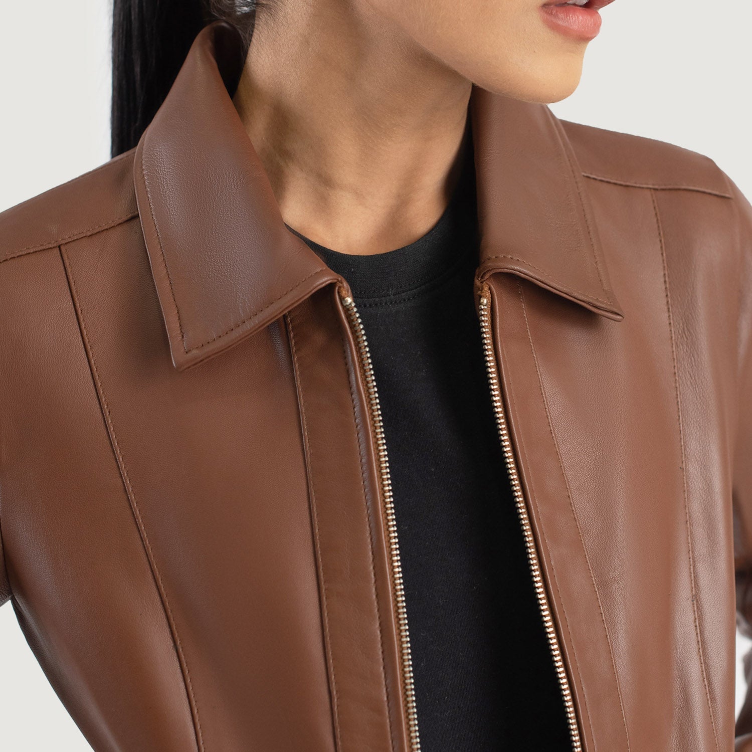 Stand up collar leather jacket women's on sale
