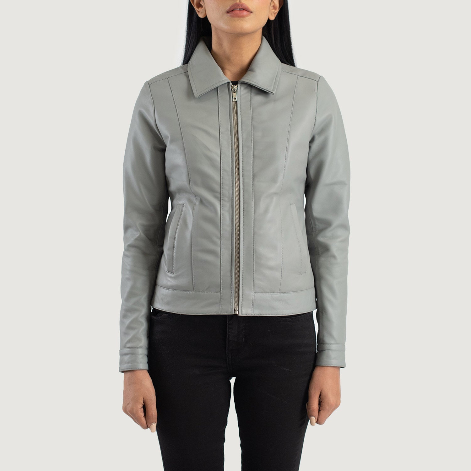 Light grey leather jacket womens shop