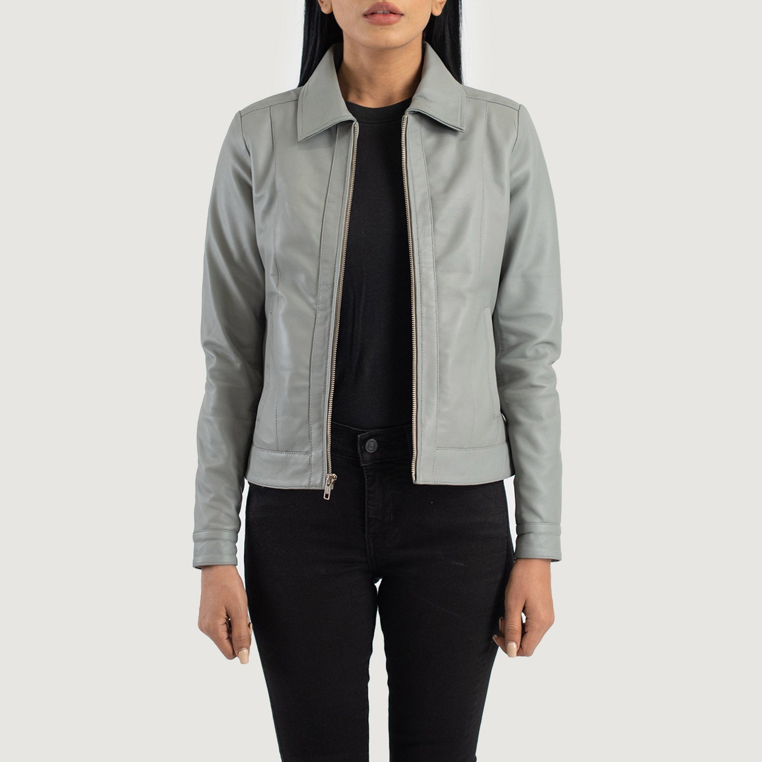 Grey leather jacket womens uk clearance