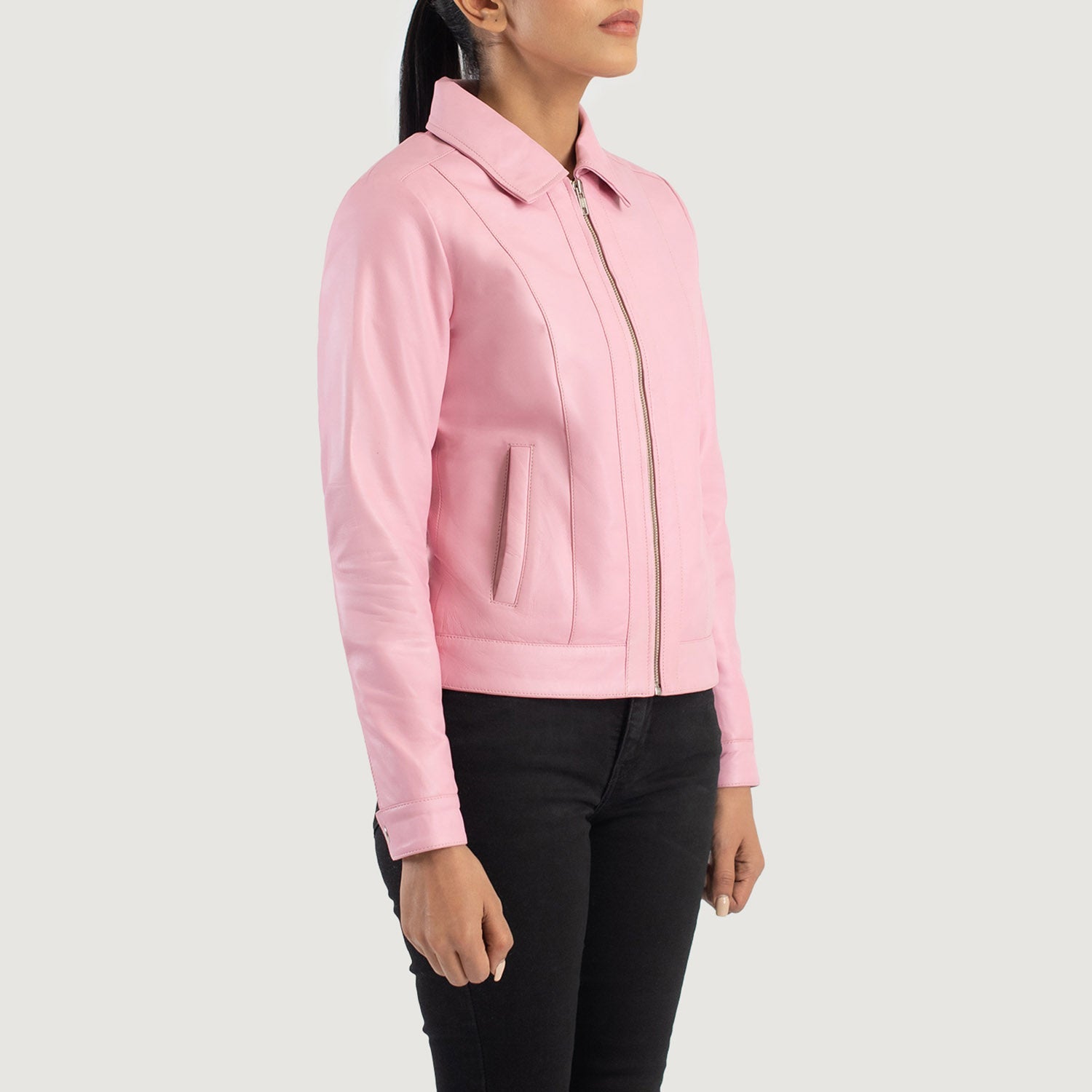 Pink leather jacket nz top