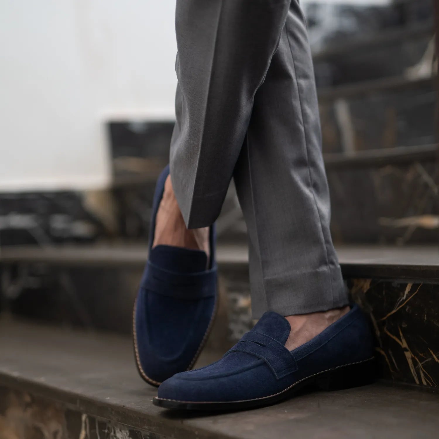 Blue suede penny loafers mens top