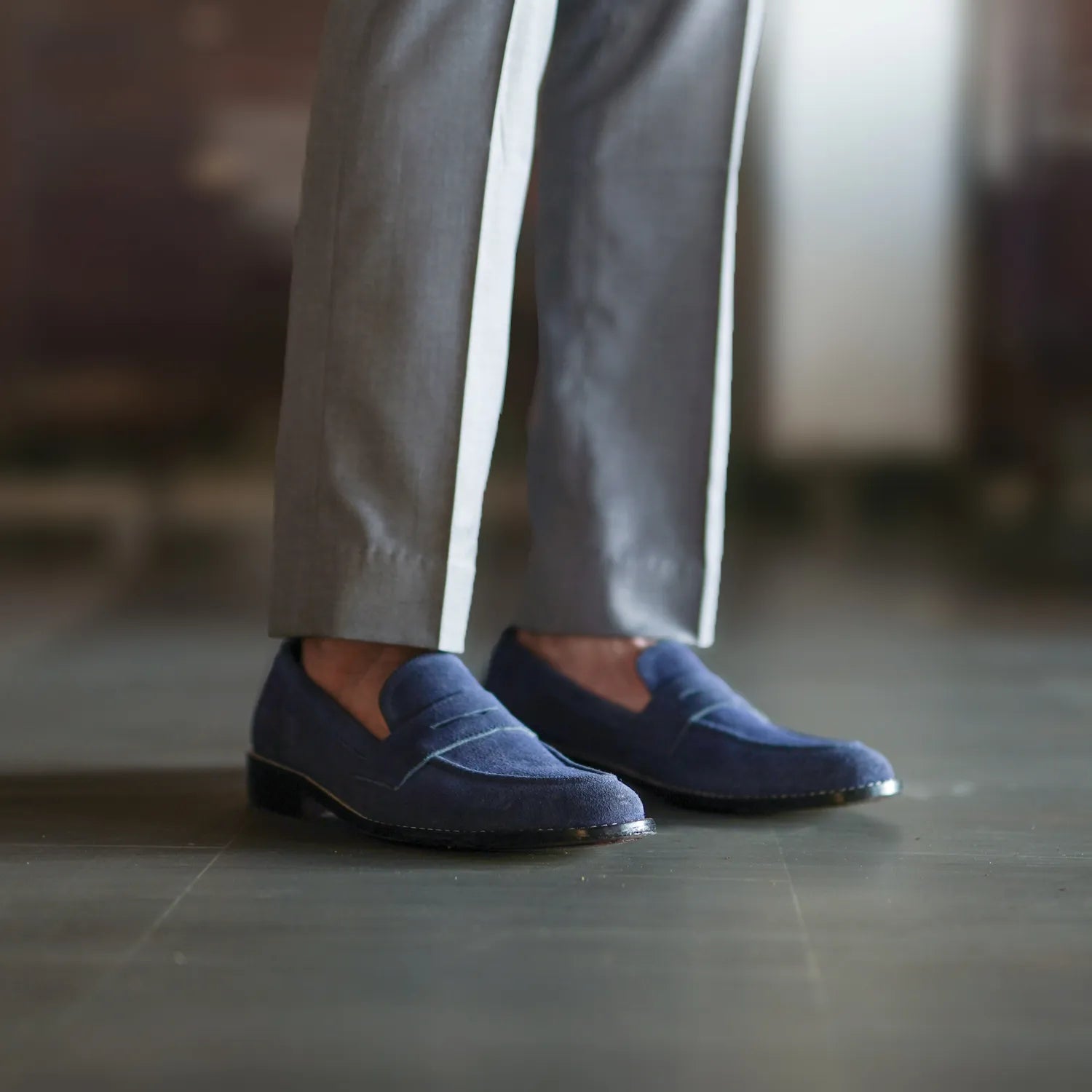 Blue suede loafers mens outfit sales