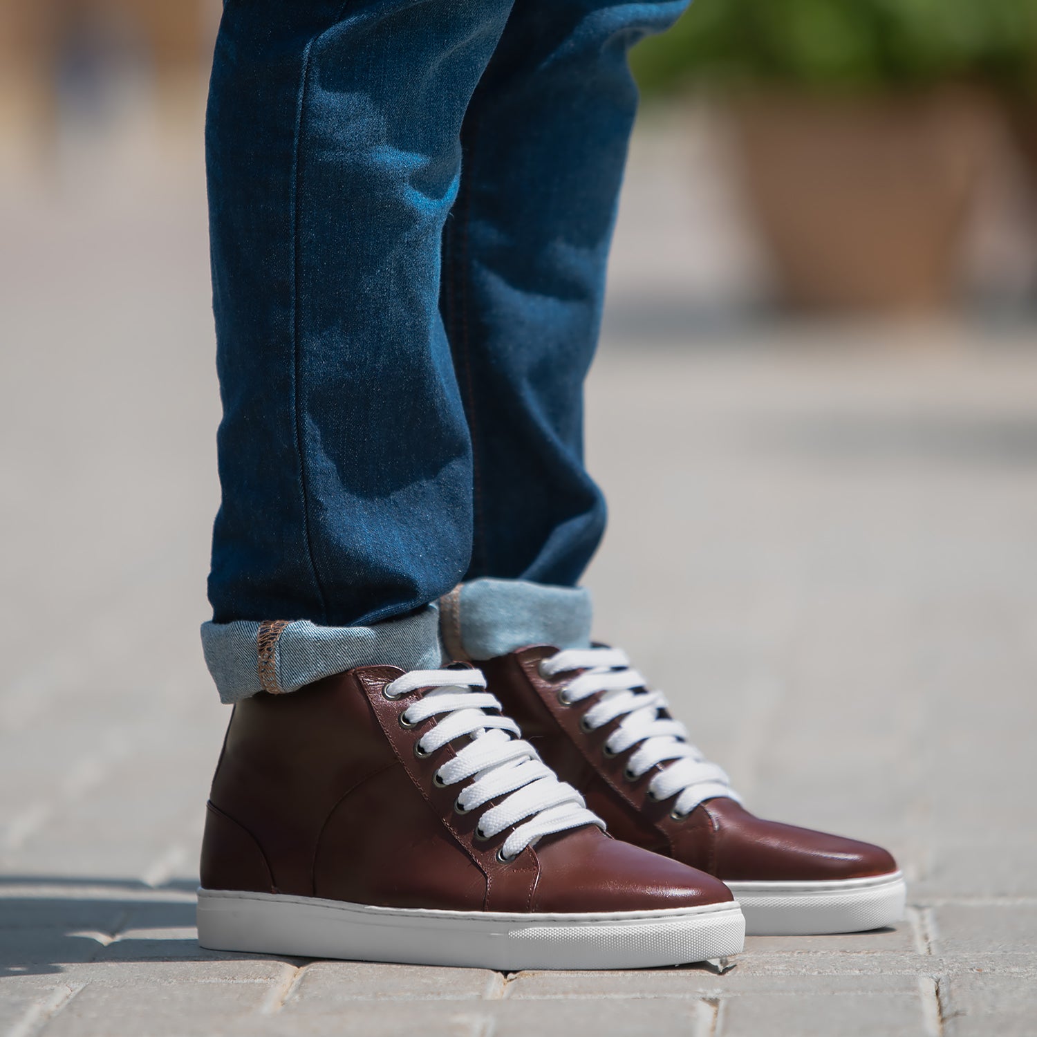 Red leather high top sneakers shop
