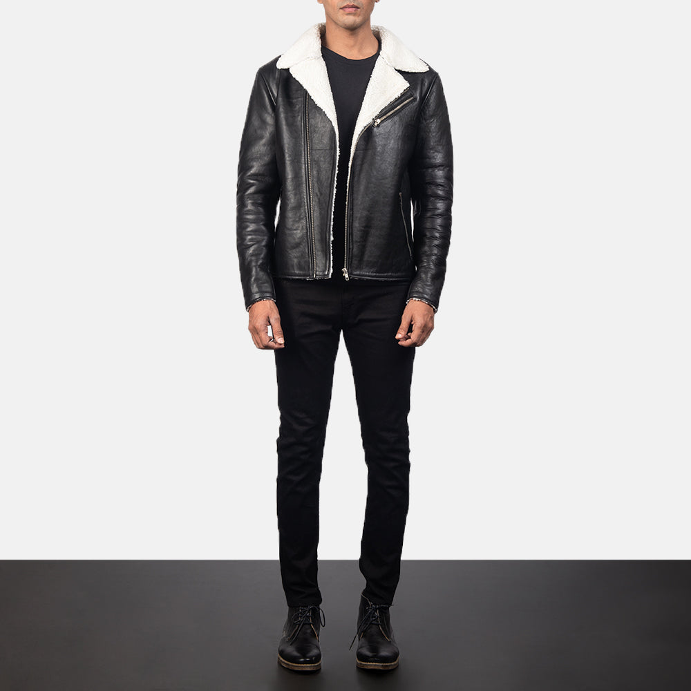 Men s Alberto White Shearling Black Leather Jacket The Jacket Maker
