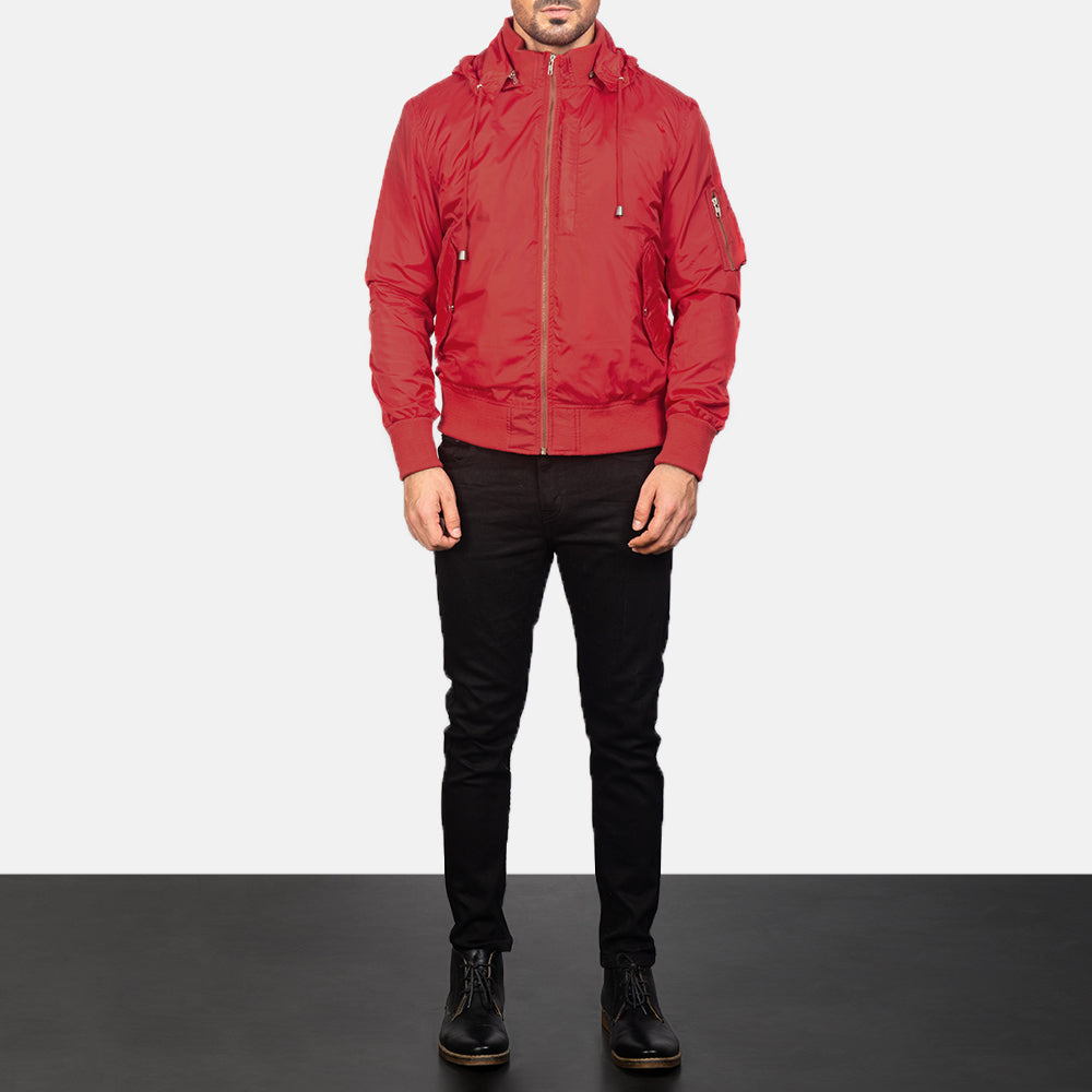 Red hooded bomber jacket online
