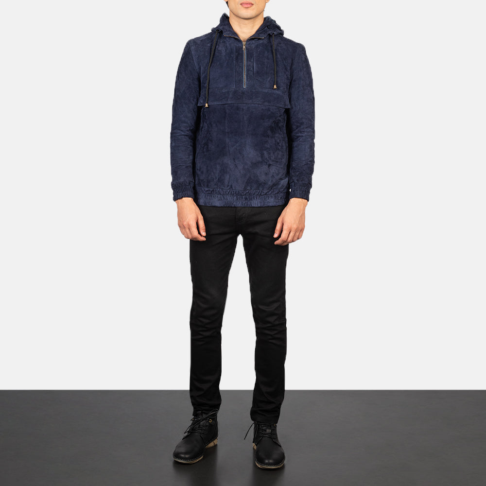 Men s Kenton Hooded Blue Suede Pullover Jacket The Jacket Maker