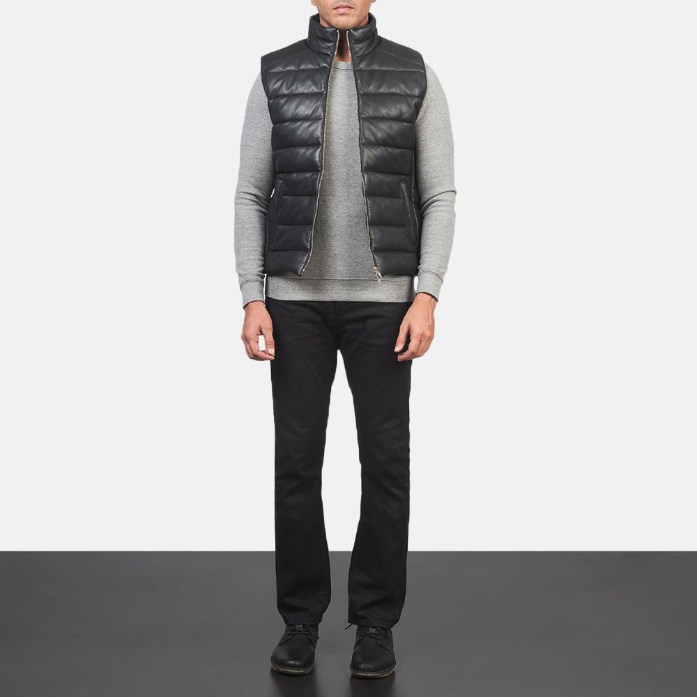 Men s Reeves Black Leather Puffer Vest The Jacket Maker