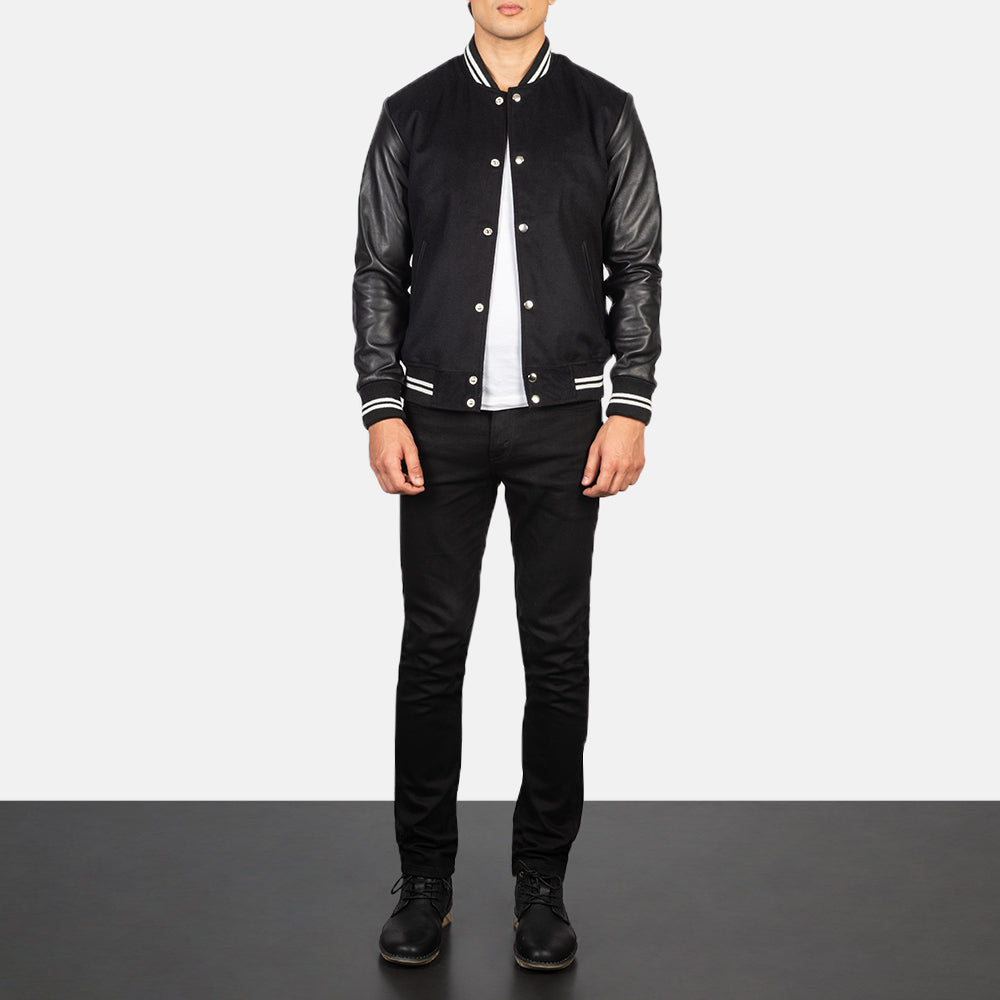 Men s Vaxton Black Striped Hybrid Varsity Jacket The Jacket Maker