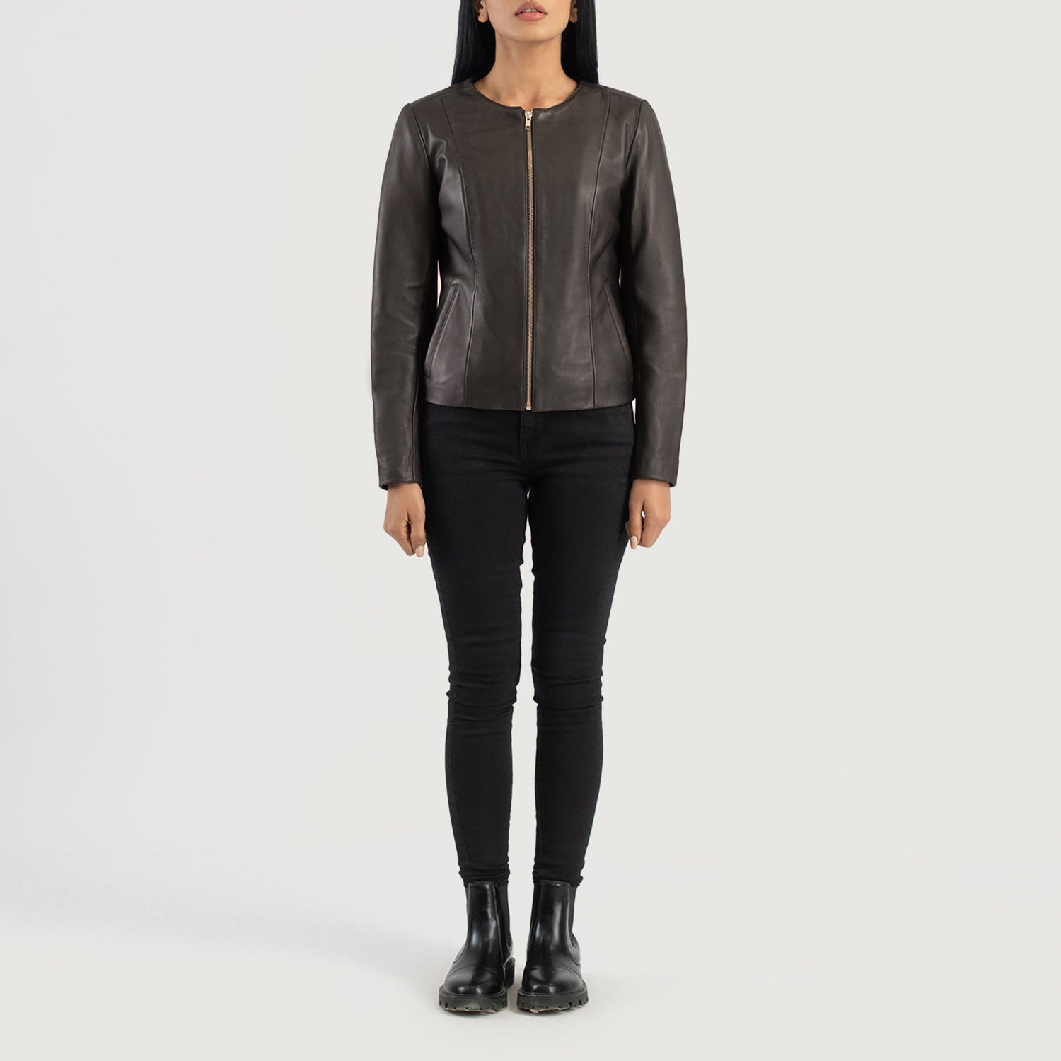 Black leather jacket collarless cheap