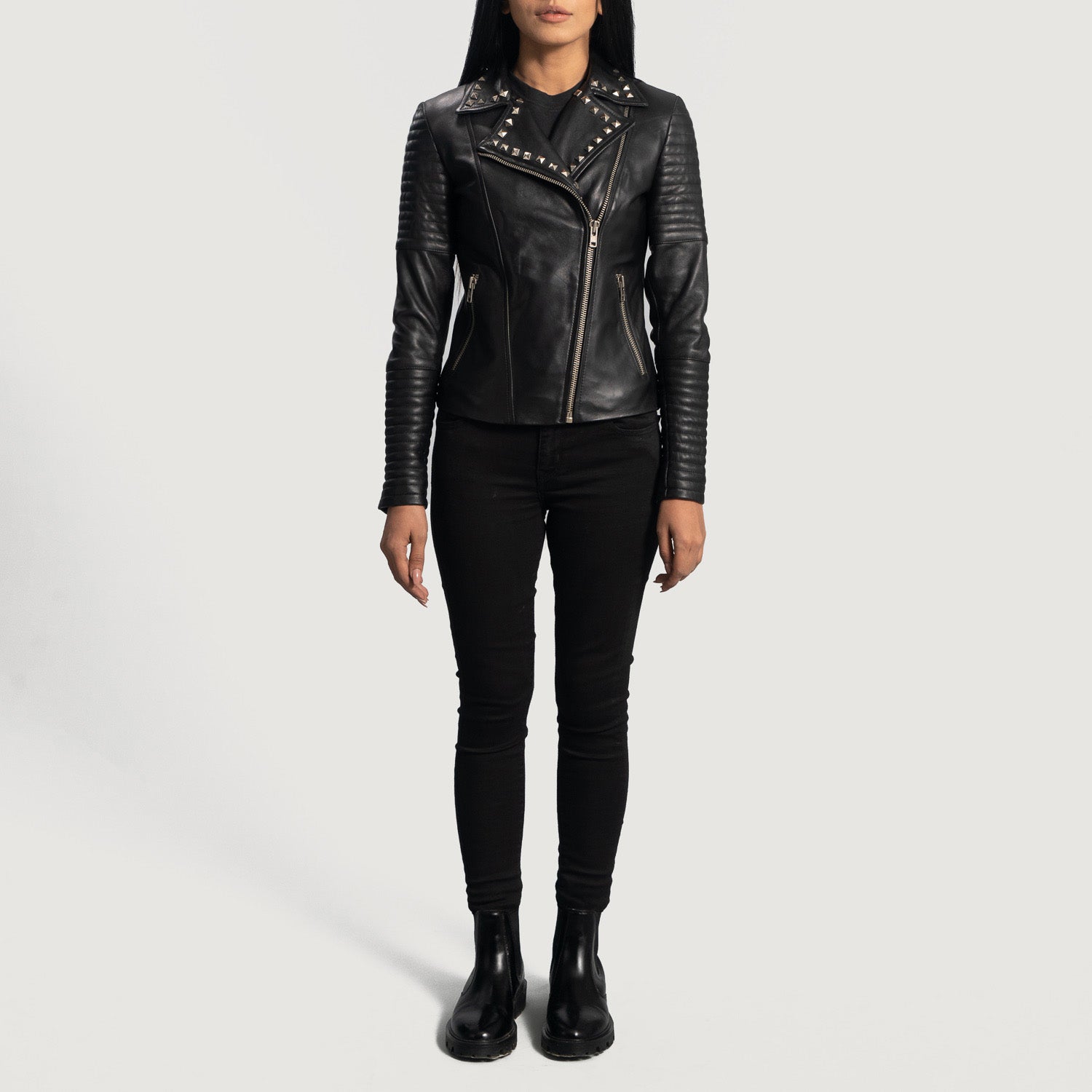 Black leather jacket studded outlet