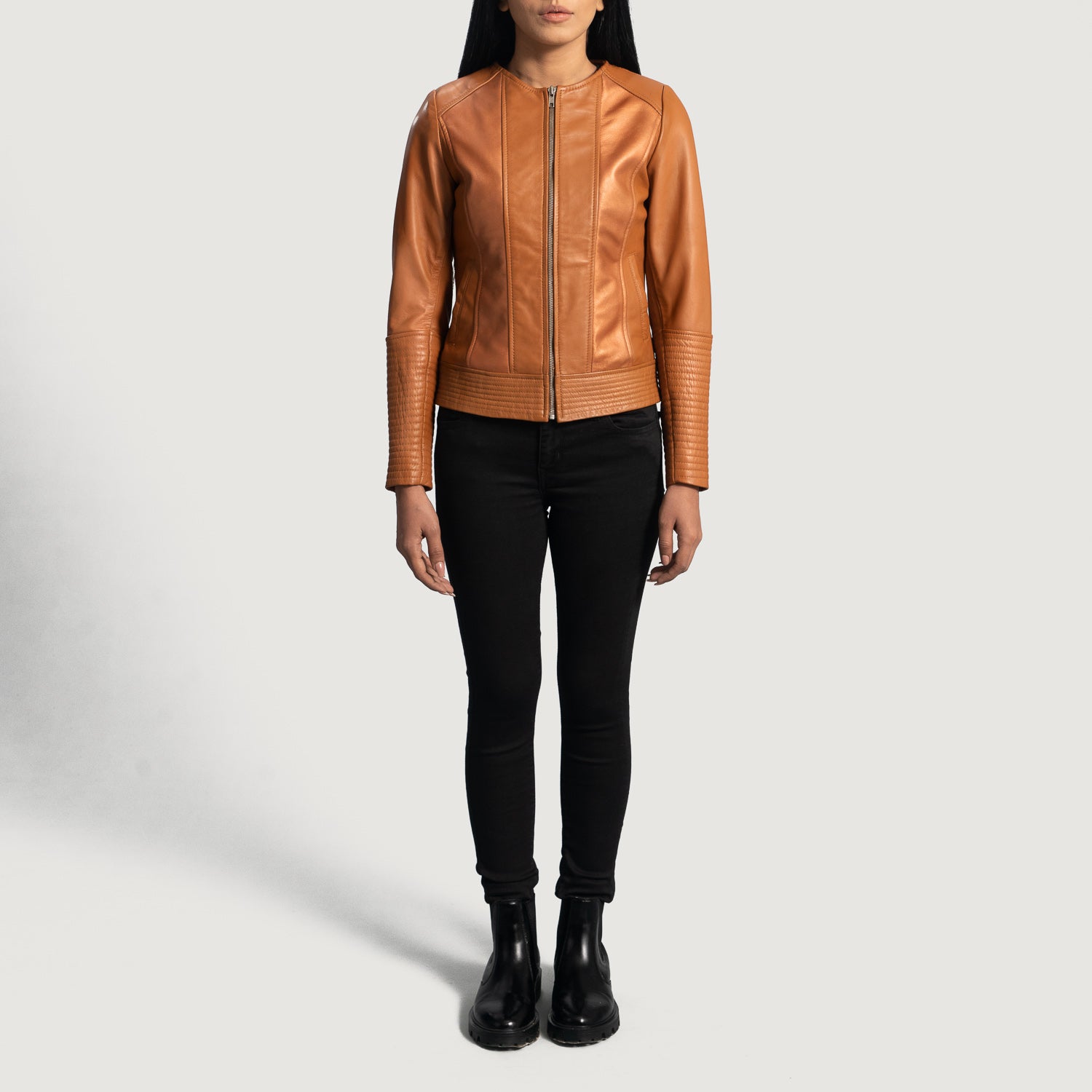 Women s Sleeky Clean Tan Leather Biker Jacket The Jacket Maker